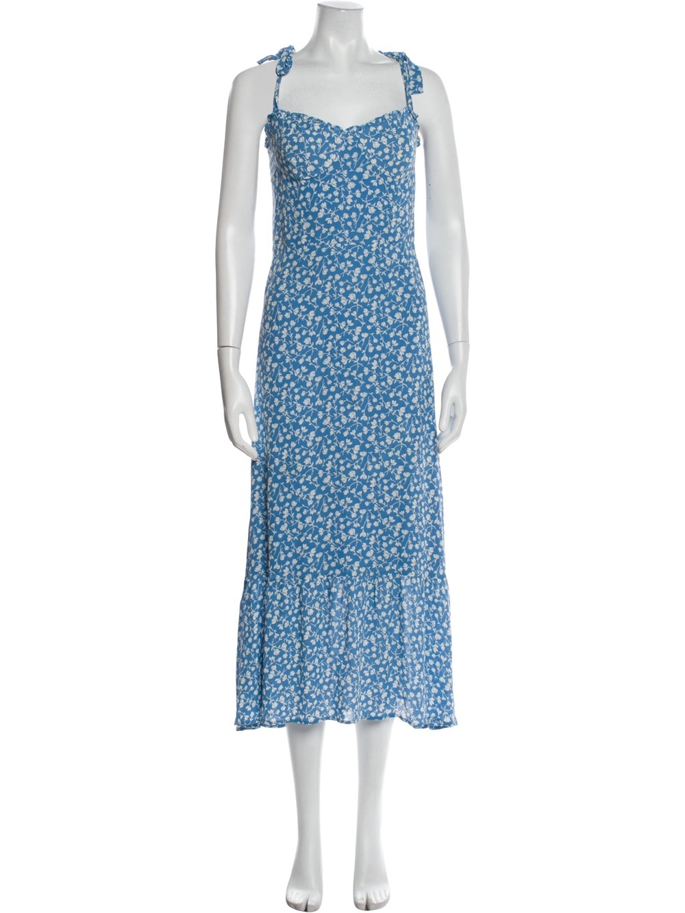 Reformation Nikita blue floral dress adjustable tie straps + a ruffled neckline